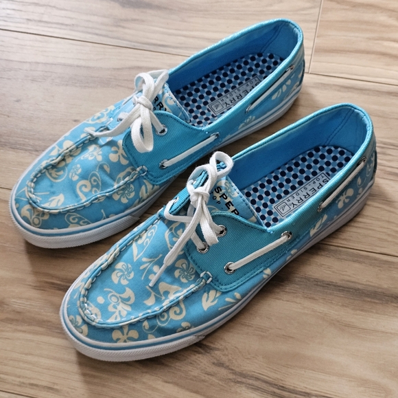 Sperry Shoes - Sperry Top-Slider Floral Canvas Blue & Cream Boat Shoes  Size 8.5